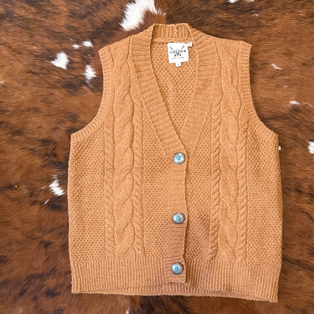 NWT COTTON & RYE WOMEN'S NOVELTY CABLE KNIT VEST WITH TURQUOISE BUTTONS